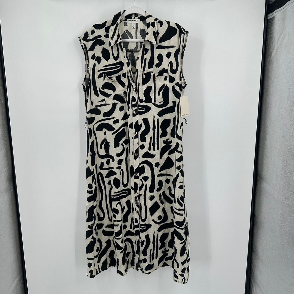 Harlow & Rose Womens Minimalist Abstract‎ Midi Dress Size L Black Cream Modern